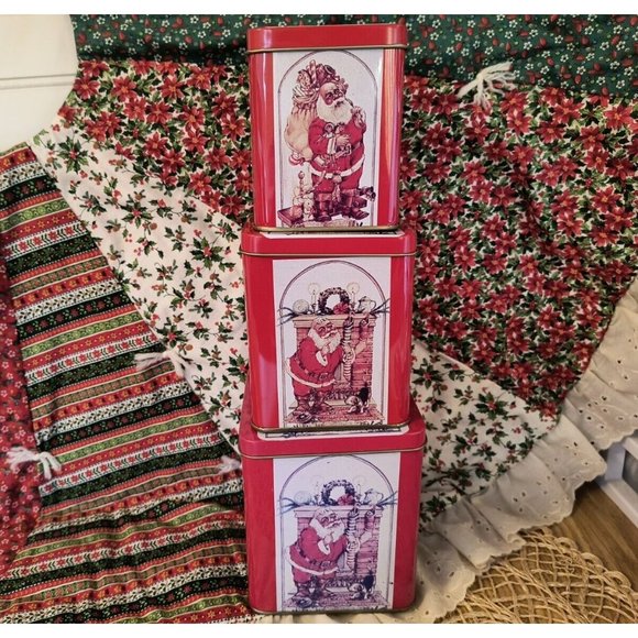SET/3 Santa Tins, Square Graduating Tins, Santa in Toy Workshop, Santa Gifts - Picture 3 of 9